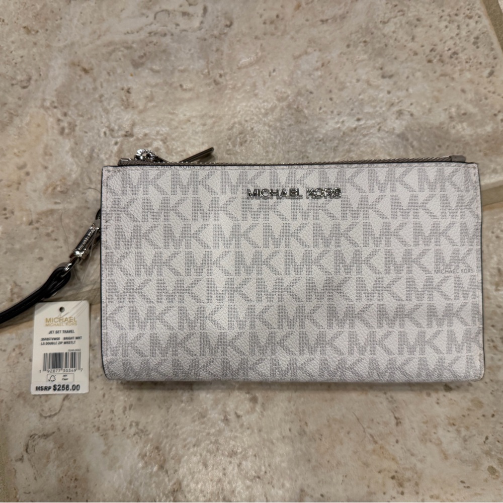 Michael Kors White and Gray Monogram Wristlet